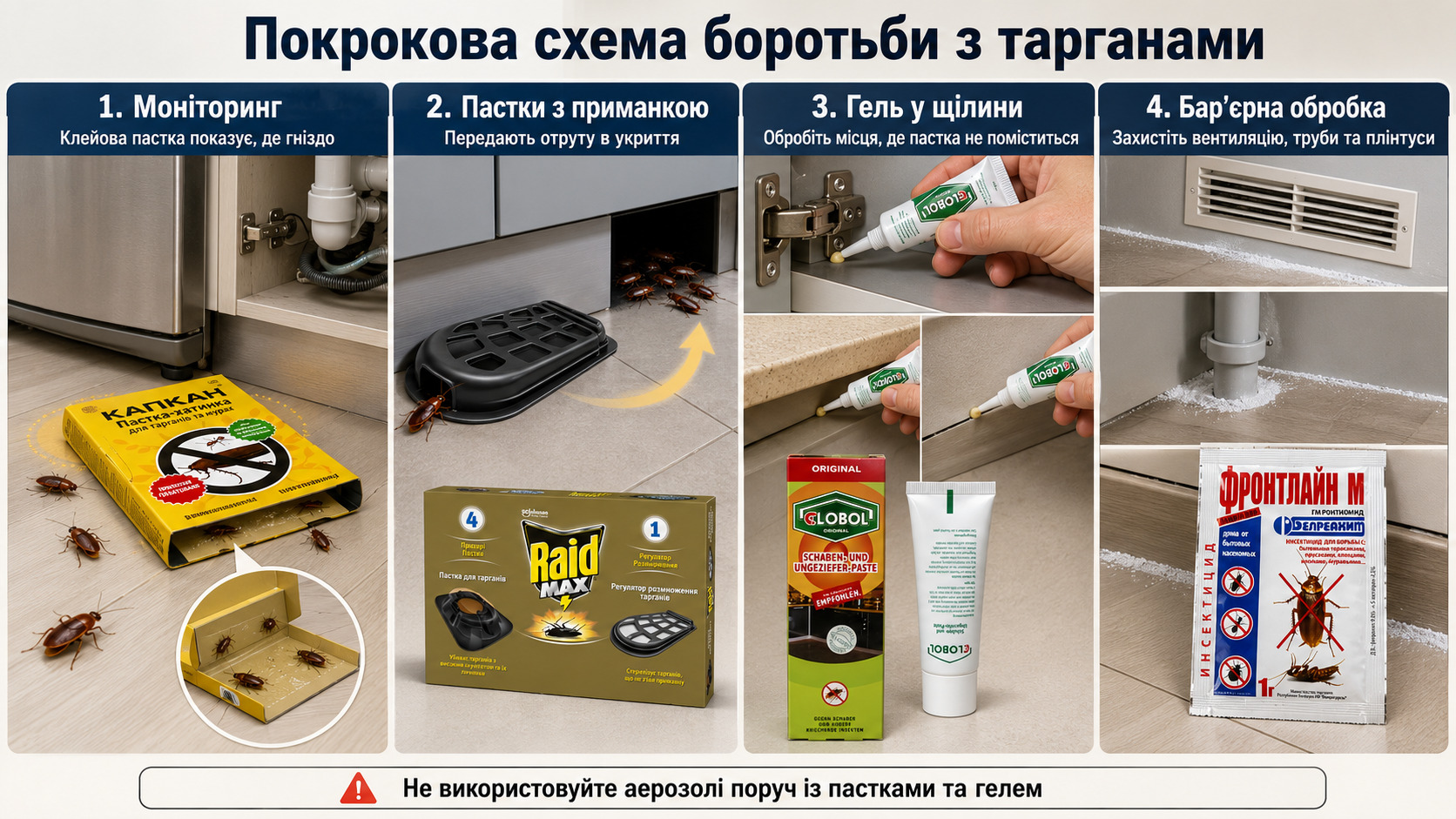 Покрокова схема боротьби з тарганами: моніторинг клейовими пастками, інсектицидні пастки, гель у щілини та бар’єрна обробка