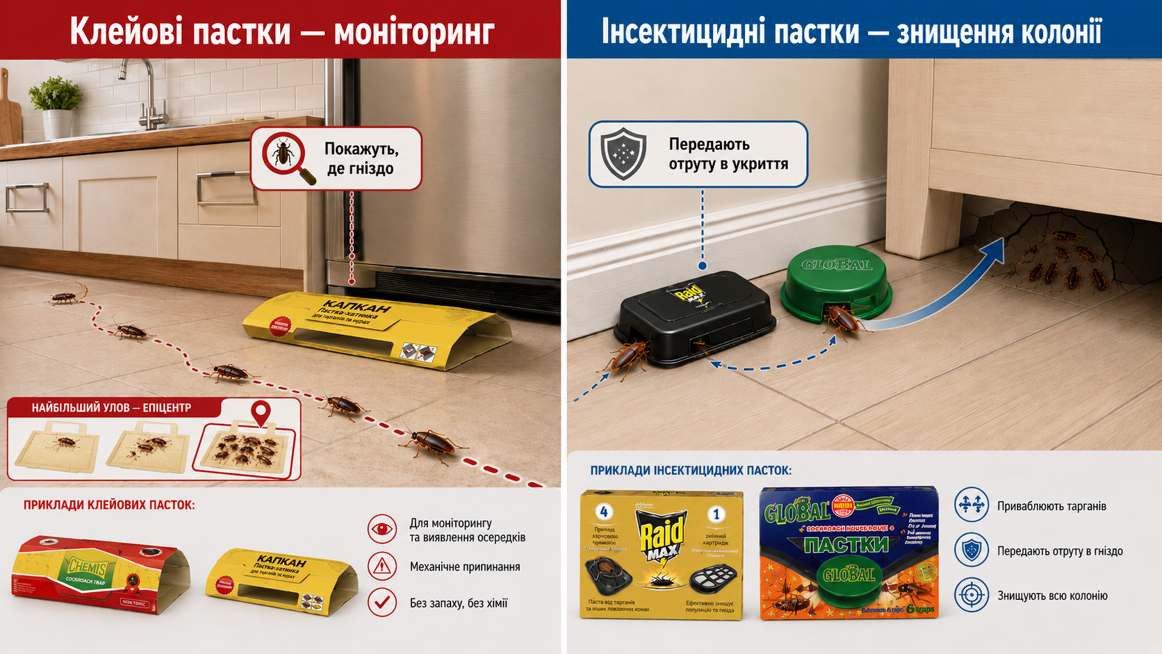 Порівняння клейових пасток-будиночків та інсектицидних контейнерів для знищення тарганів у квартирі